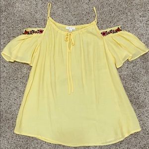 Yellow off shoulder top with embroidery sleeves